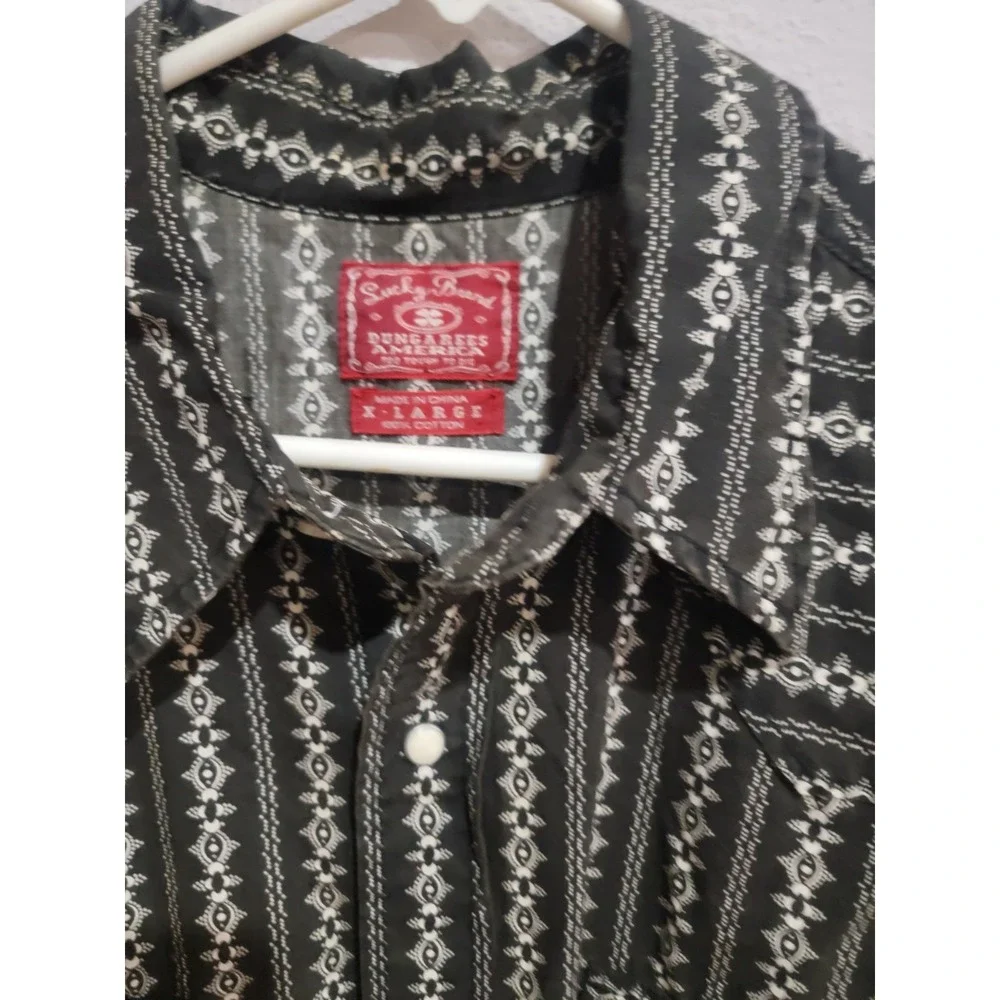 LUCKY‎ BRAND Western Shirt Pearl Snap Black White Print Sz XL Long Sleeve